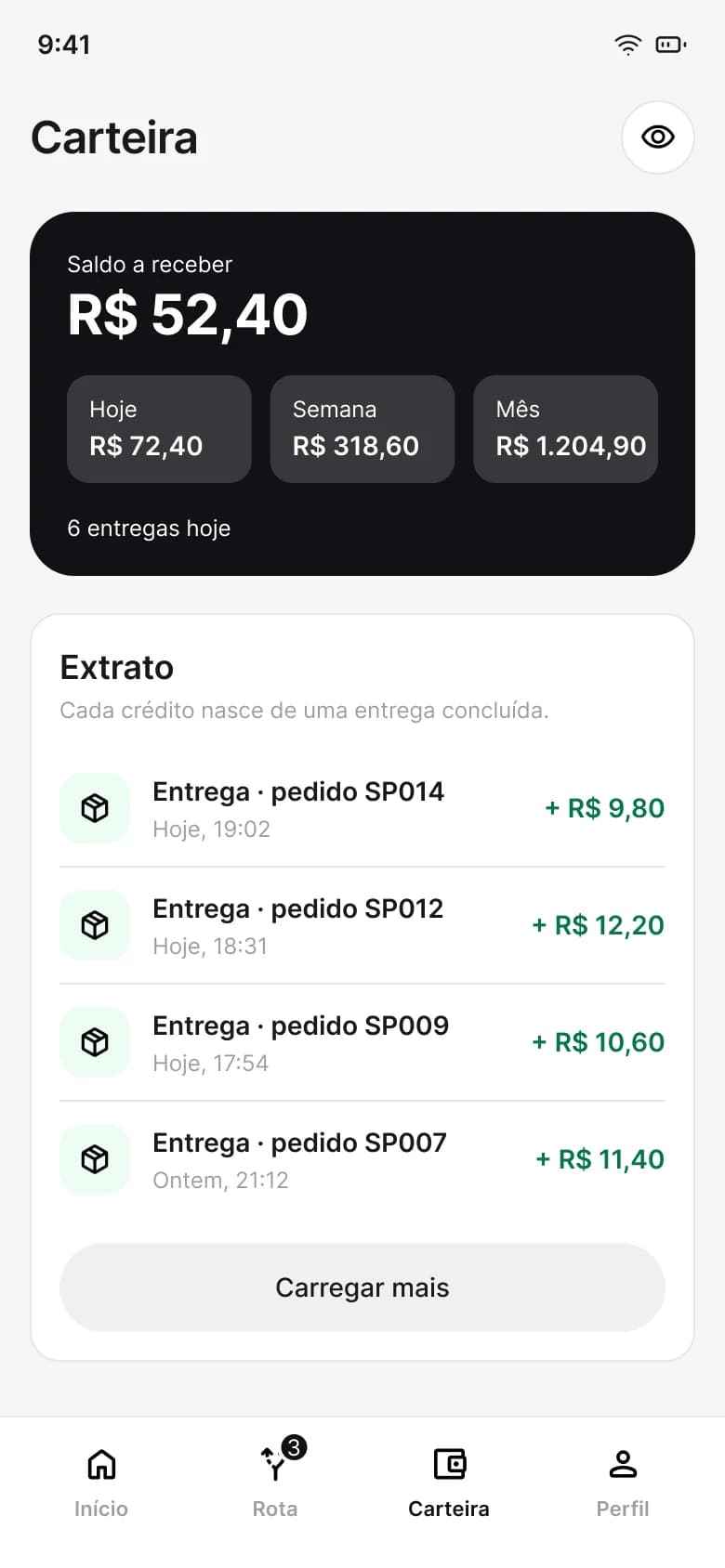Carteira do entregador no app do Rota95, com o saldo a receber e o extrato