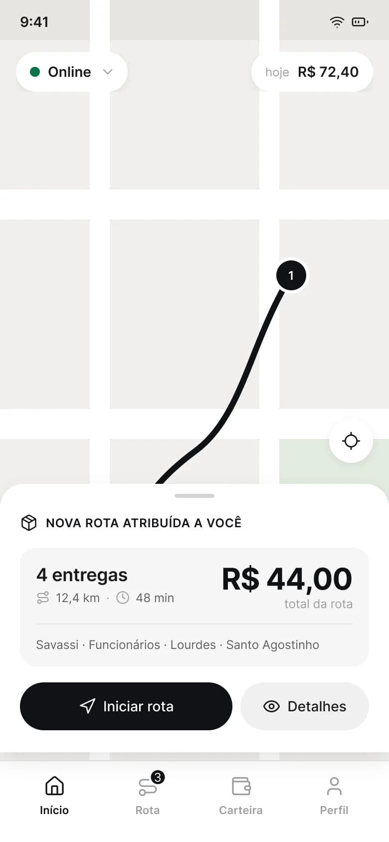 App do entregador mostrando uma nova rota com quatro entregas